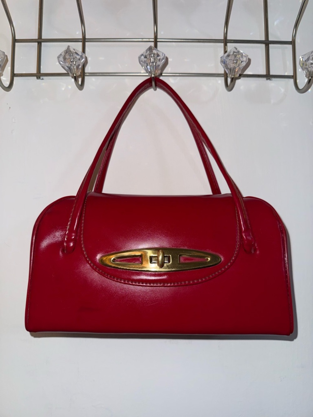 Vintage 1960s Red Faux Leather Handbag Brass Turnlock Top Handle Bag
